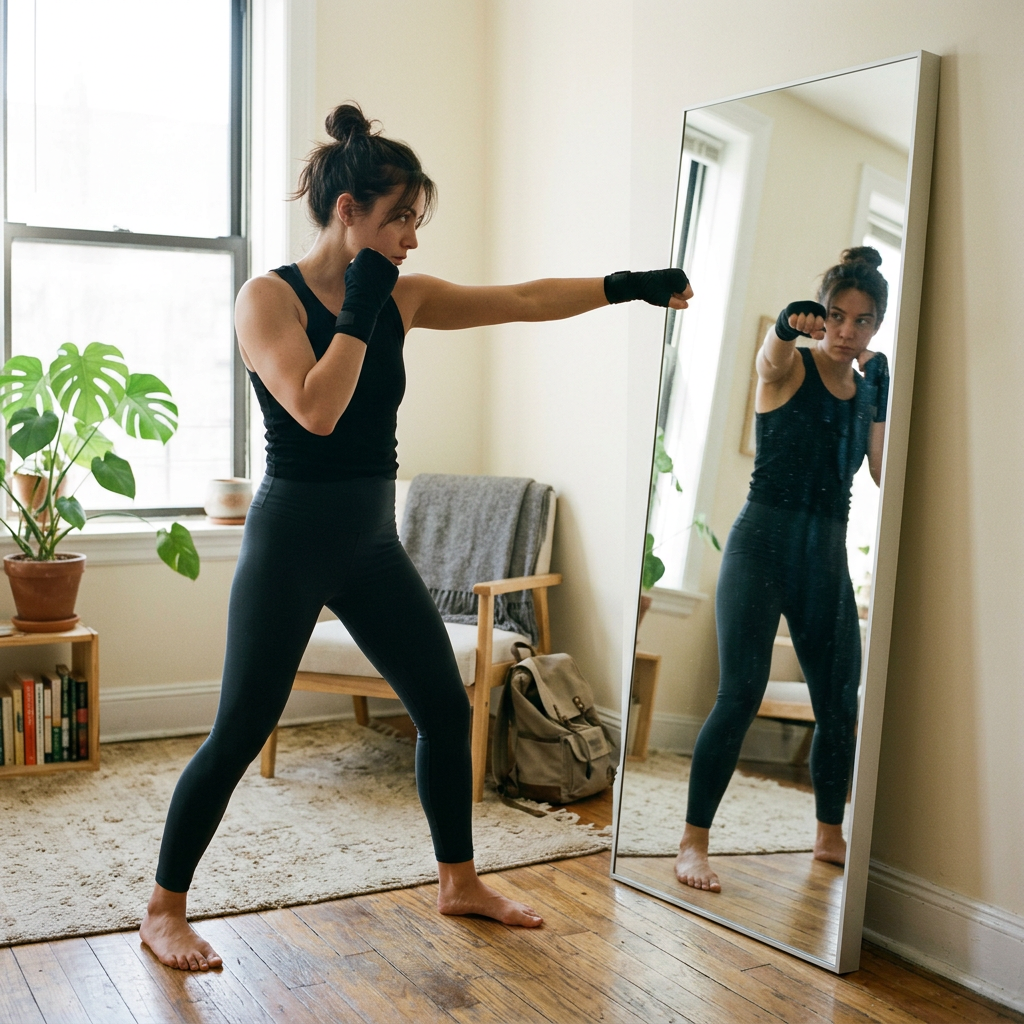 A woman throwing a slow jab in front of a tall mirror in a bright room. Generated image.