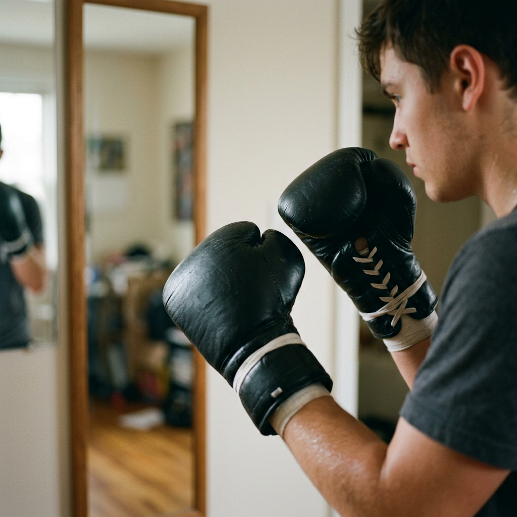 A beginner in black gloves holding a guard in front of a mirror. Generated image.
