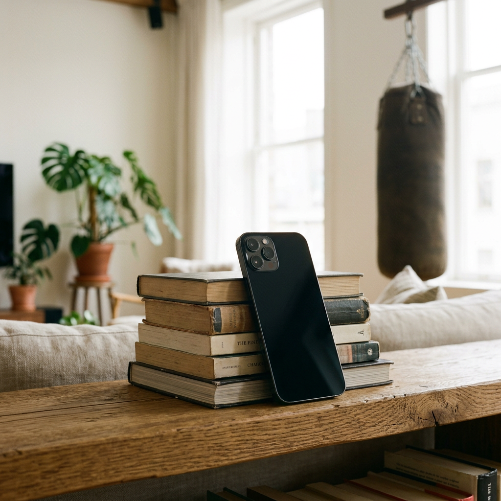 A phone leaning on a stack of books on a shelf, with a punching bag hanging in the background. Generated image.